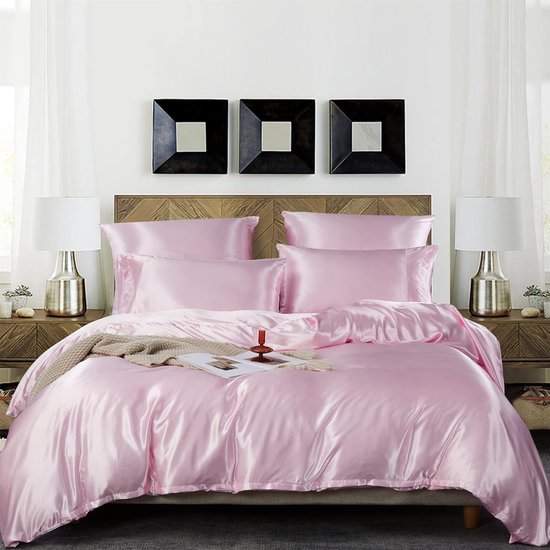 Beddengoed 200 x 200 cm roze satijn glanzend beddengoedset 3-delig hotelkwaliteit satijnen dekbedovertrek met ritssluiting en 2 kussenslopen 80 x 80 cm