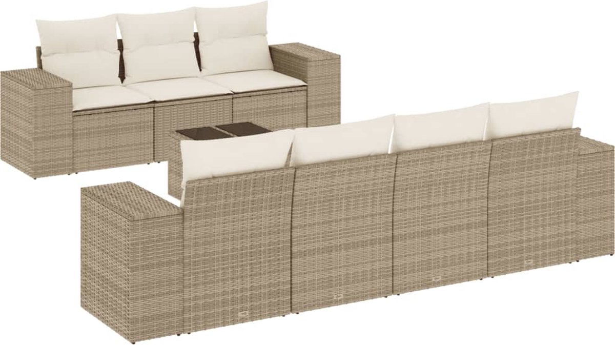 The Living Store 8-delige Loungeset met kussens poly rattan beige - Tuin Lounge Set - Loungebank - Buitenbank - Garden Furniture - Teak Meubel