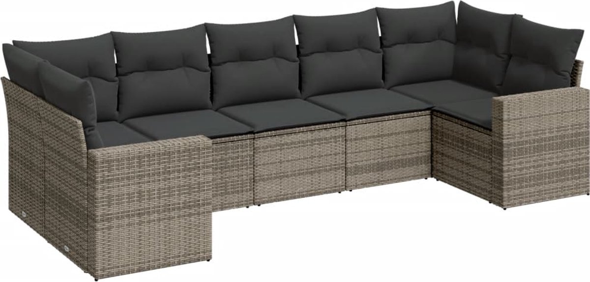 Moderne grijze poly rattan loungeset met kussens voor buiten.