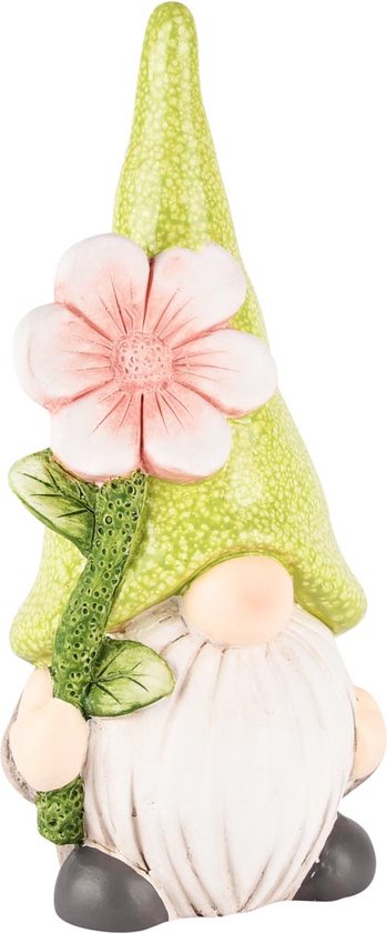 Décoratif | Nain avec fleur, vert/rose, TC, 14x11x32cm | A250155
