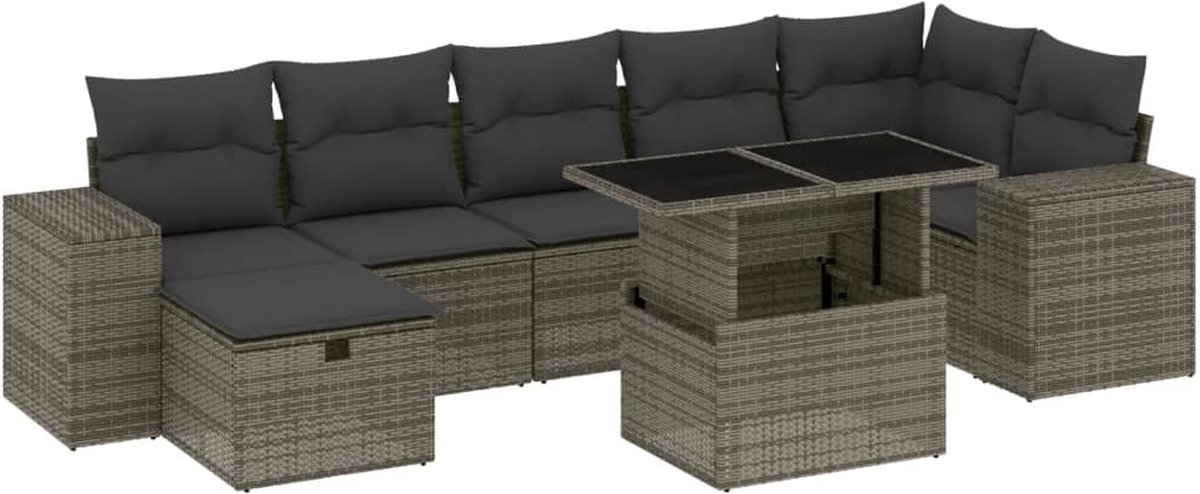 The Living Store 8-delige Loungeset met kussens poly rattan grijs - Loungeset - Tuinlounge - Buitendining - Lounge Set - Tuinmeubels