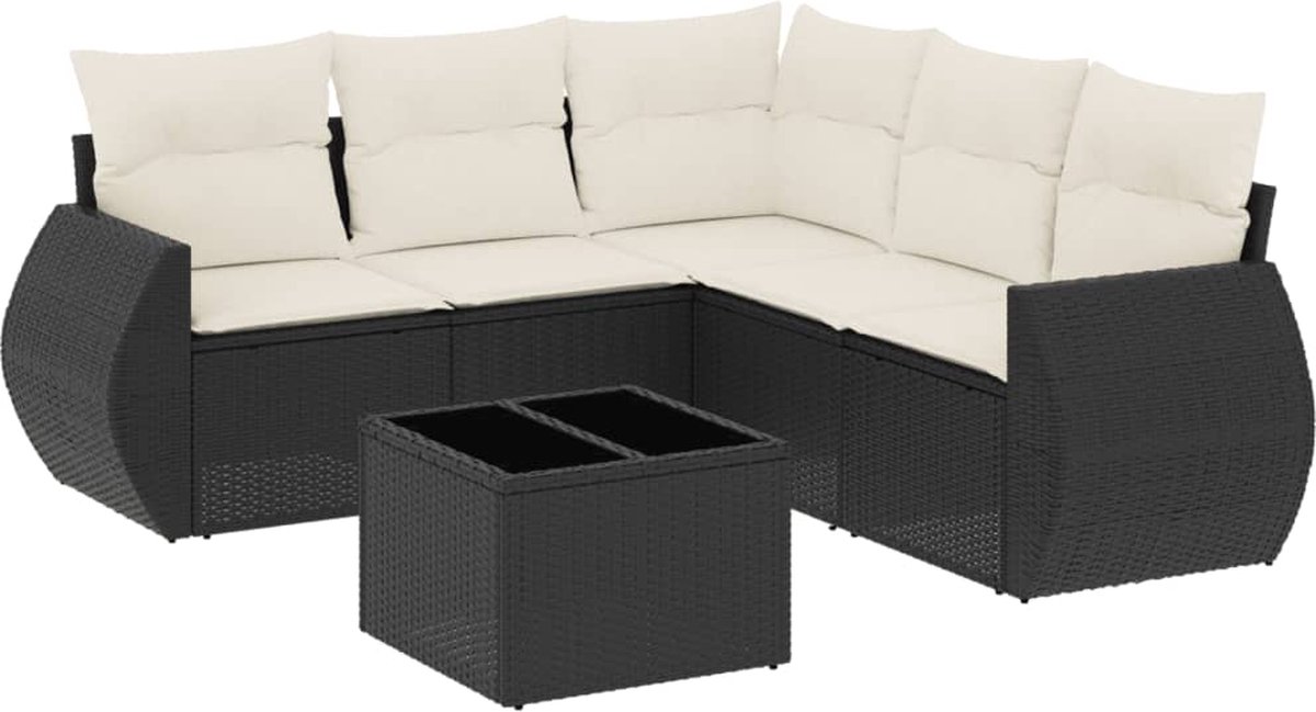 The Living Store 6-delige Loungeset met kussens poly rattan zwart - Loungebank - Tuinstoel - Lounge Set - Buitendecoratie - Outdoor Furniture