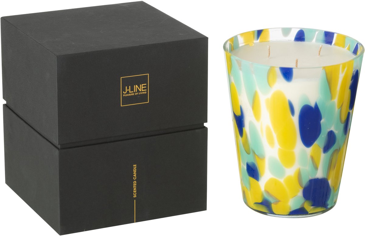 J-Line geurkaars Noa Strepen - White Tea - glas - blauw/geel - large - 95U Multi