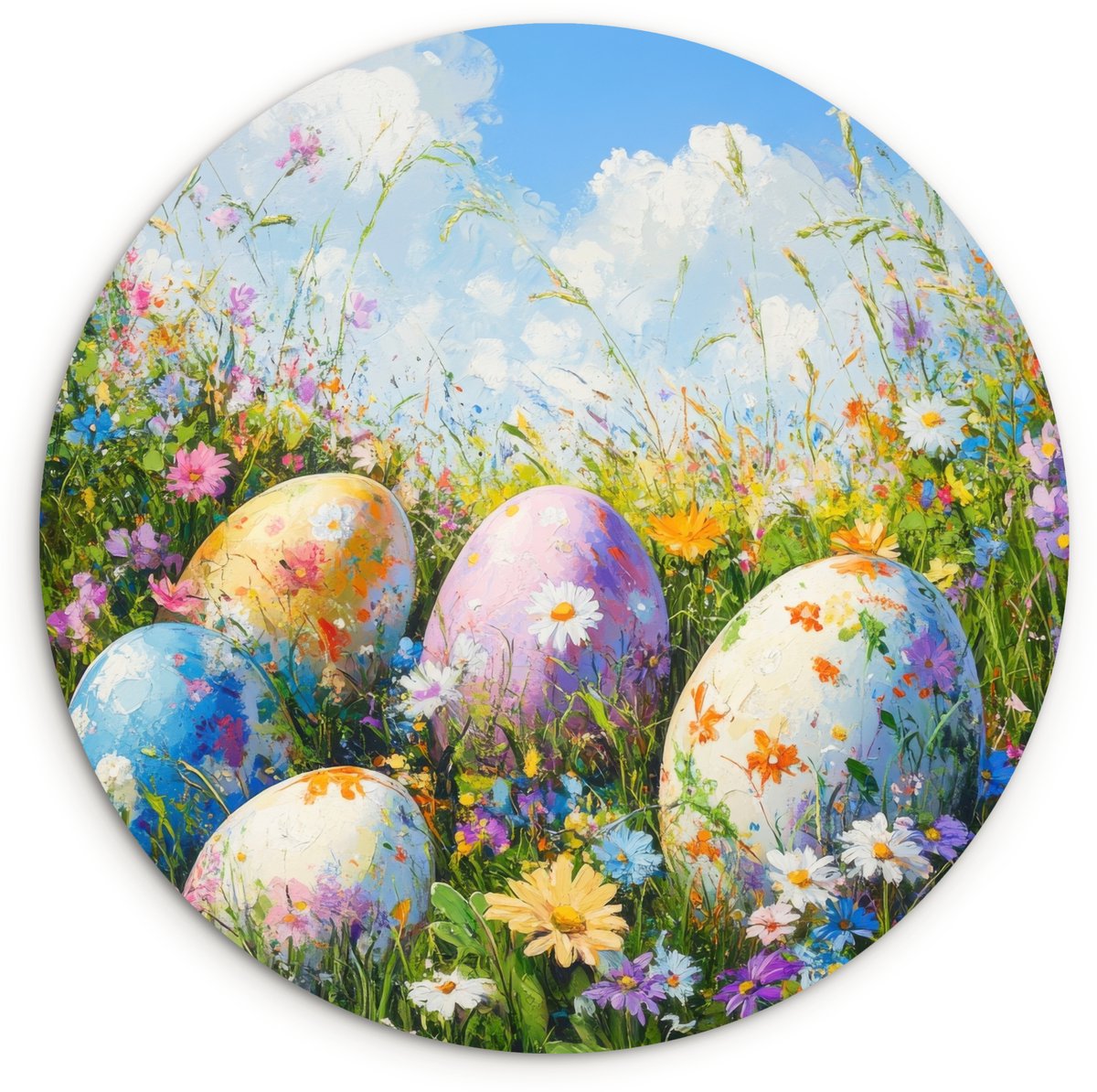 WallCircle Wandcirkel 150x150 cm - Muurcirkel Grasveld - Eieren - Bloemen - Muurdecoratie woonkamer - Wanddecoratie slaapkamer - Kamer decoratie accessoires - Ronde schilderijen Bloemen - Eieren