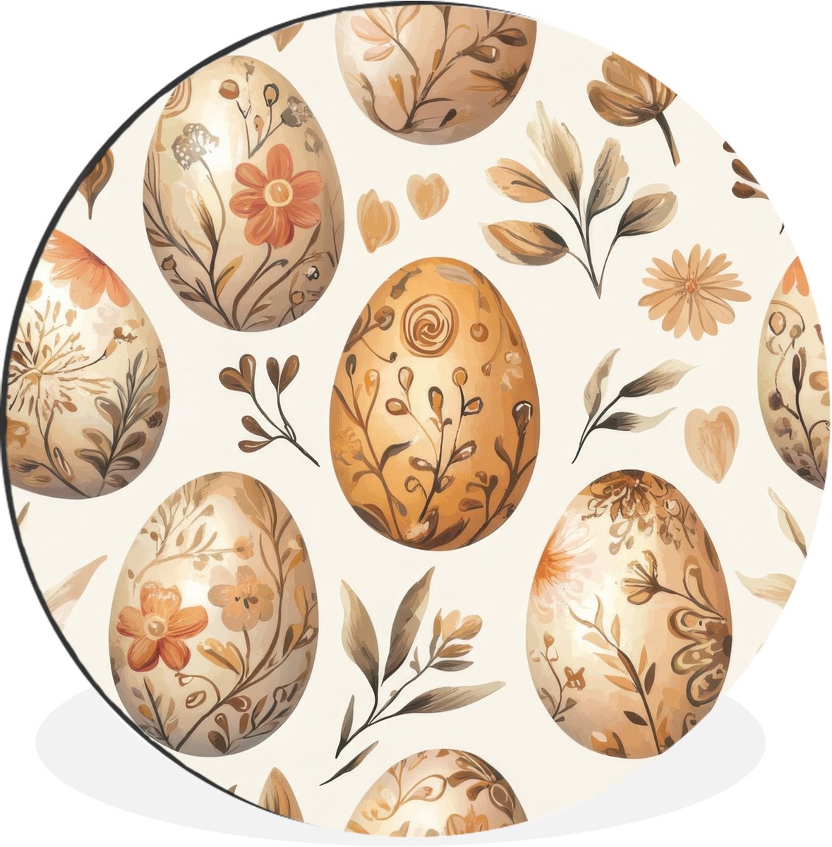 WallCircle Wandcirkel - Muurcirkel - Paaseieren - Bruin - Bloemen - Aluminium - Dibond - 140x140 cm - Binnen en Buiten Pasen