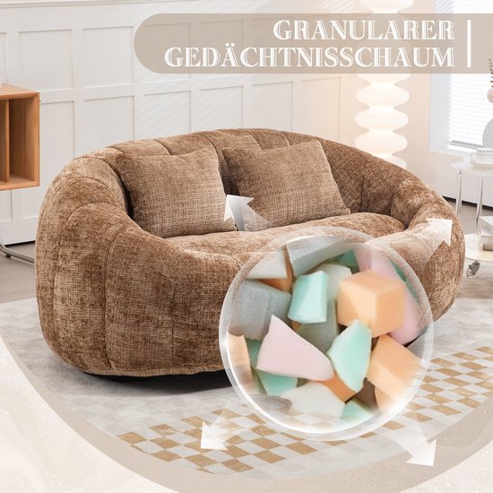 Pouf Géant Salon 2 Places Avec Dossier Haut - Mousse Mémoire, Tissu Chenille Beige - Canapé D'Appoint Confortable