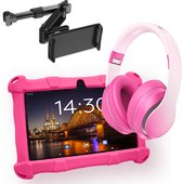 AngelTech Luxe OnderwegPakket SLIM – Kindertablet SLIM + Kinderkoptelefoon + Tablethouder - Kindertablet Vanaf 3 Jaar – Kinder Tablet – Kids Tablet - Tablet voor Kinderen - Roze