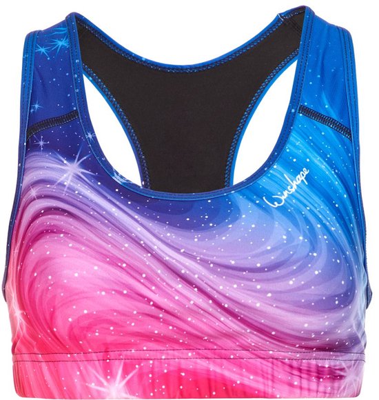 Sportbeha met blauw, paars en roze galaxieprint, witte stippen en sterren. Zwarte bandjes.