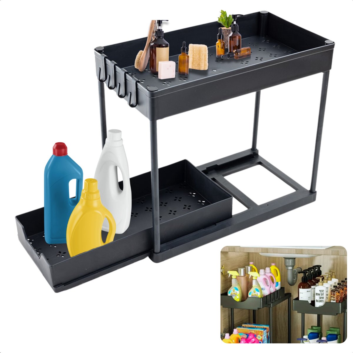 Cheqo® Keukenkast Organizer - Keuken Organizer - Keukenkastorganizers - Set van 2 - Gootsteenkast Organizer - Gootsteenkastrek Uitschuifbaar – Keuken Kast Organizers - Badkamer Organizer - Uitschuifbare Lade - Kunststof Zwart - Inclusief EBOOK