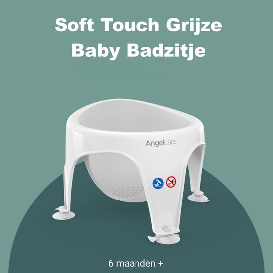 Wit babybadzitje met "Soft Touch Grijze Baby Badzitje" en "6 maanden+".