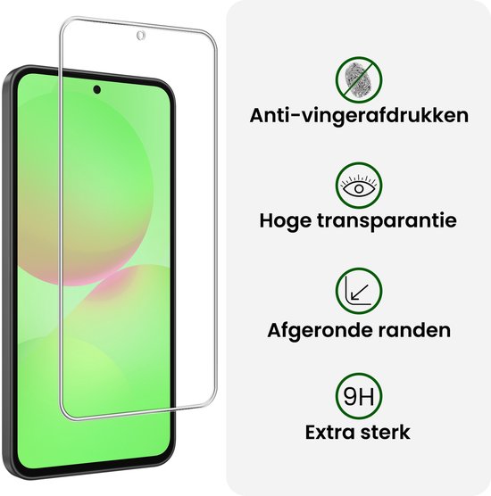 Schermprotector met 'Anti-vingerafdrukken', 'Hoge transparantie', 'Afgeronde randen' en '9H Extra sterk'.