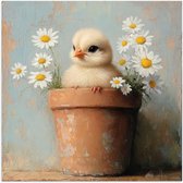 Poster 50x50 cm - Bloempot - Kuiken - Bloemetjes - Posters - Kamer decoratie - Wanddecoratie woonkamer - Muurdecoratie slaapkamer