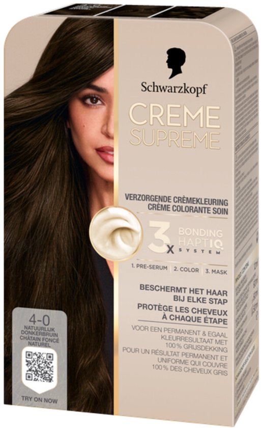 Schwarzkopf - CREME SUPREME 4-0 - Haarkleuring - Natuurlijk Donkerbruin - Permanente Haarverf - Beschermt en Versterkt - Grijsdekking - 245g
