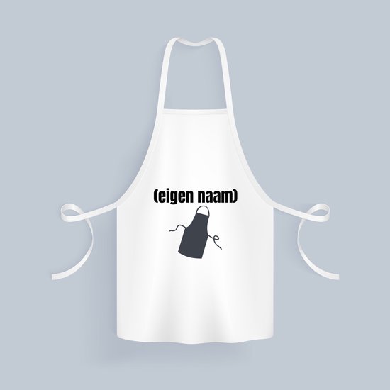 Wit schort met de tekst "(eigen naam)" en een donkergrijze afbeelding van een schort.