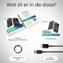 Inhoud doos: Siltcon zwarte powerbank, magnetische ring, handleiding, USB-C oplaadkabel.