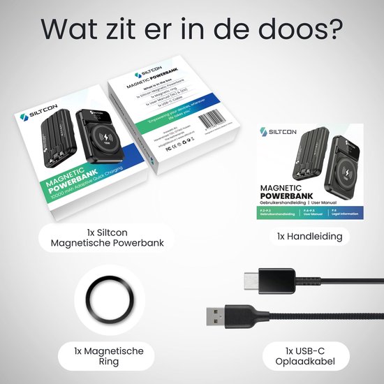 Inhoud doos: Siltcon zwarte powerbank, magnetische ring, handleiding, USB-C oplaadkabel.