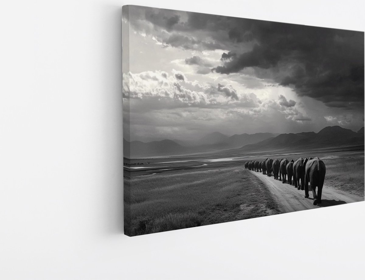 Saammp Canvas Schilderij - Olifanten trek - Natuur - Dieren - 150x100 - Foto op canvas - Wanddecoratie - Muurdecoratie Woonkamer - Slaapkamer decoratie - Canvas Print Multicolor