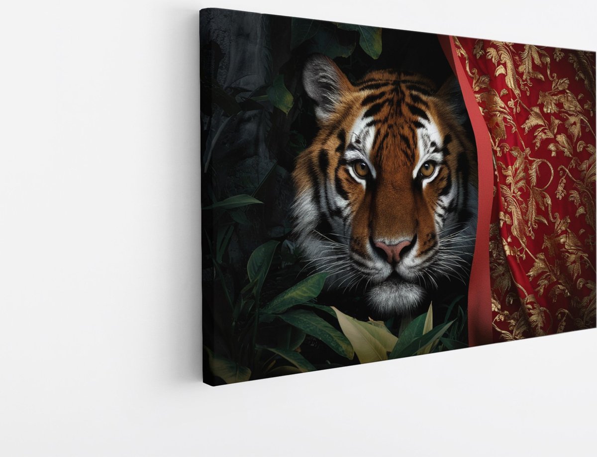 Saammp Canvas Schilderij - Tijger met rood doek - Natuur - Dieren - 30x20 - Foto op canvas - Wanddecoratie - muurdecoratie Woonkamer - Slaapkamer decoratie - Canvas Print Multicolor