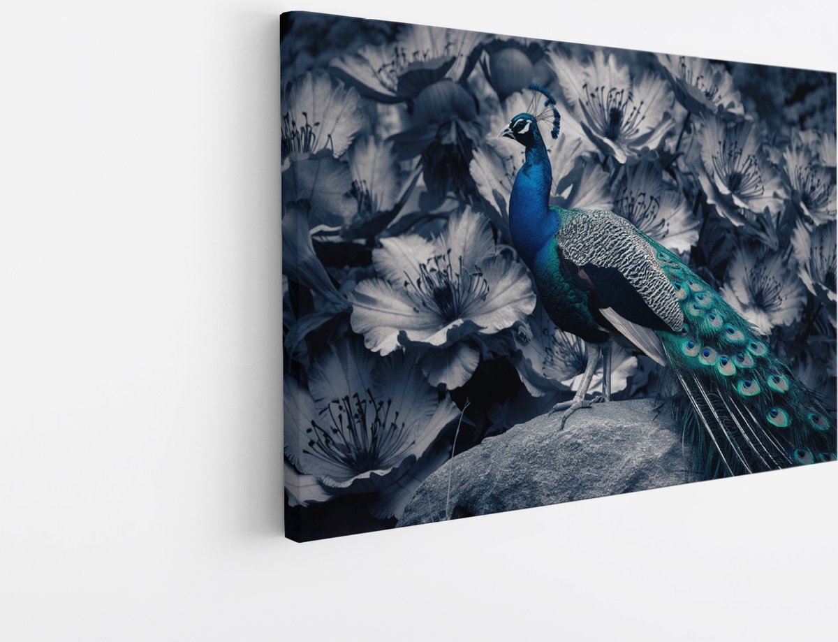 Saammp Canvas Schilderij - Pauw - Zwart-Wit - Dieren - Bloemen - 45x30 - Foto op canvas - Wanddecoratie - muurdecoratie Woonkamer - Slaapkamer decoratie - Canvas Print Multicolor