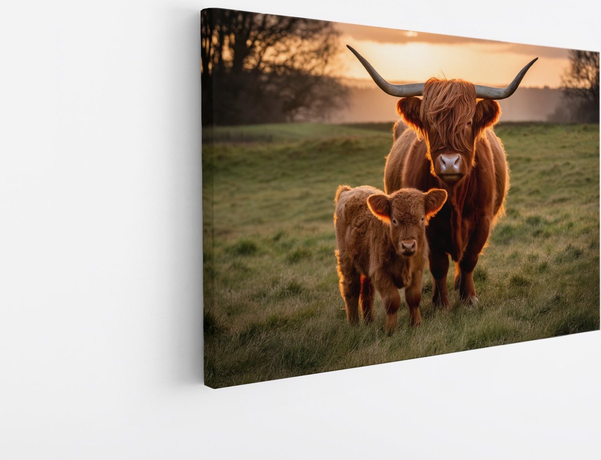 Saammp Canvas Schilderij - Schotse Hooglander Koe tussen de roze bloesem - Dieren - Natuur - 45x30 - Foto op canvas - Wanddecoratie - muurdecoratie Woonkamer - Slaapkamer decoratie - Canvas Print Multicolor