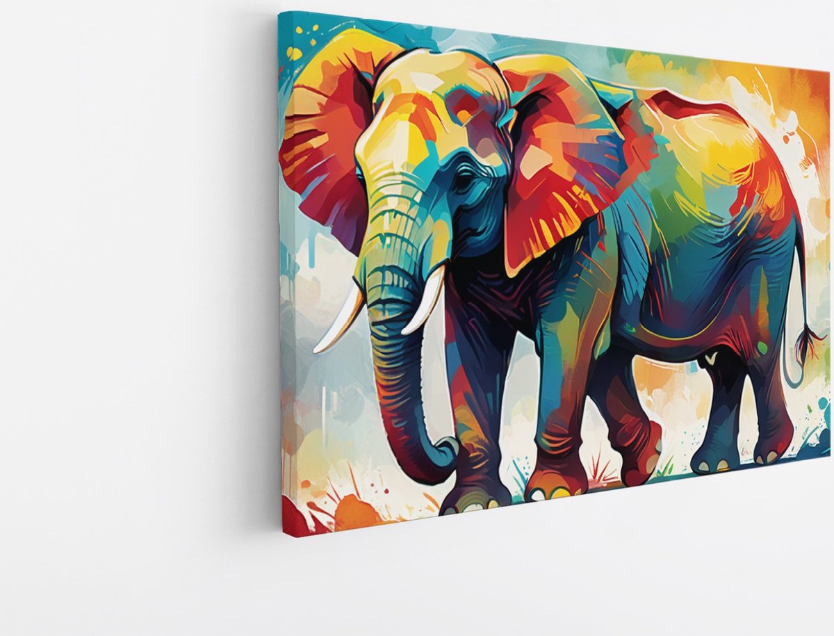 Saammp Canvas Schilderij - Olifant - Kleurrijk olieverf - Dieren - 150x100 - Foto op canvas - Wanddecoratie - Muurdecoratie Woonkamer - Slaapkamer decoratie - Canvas Print