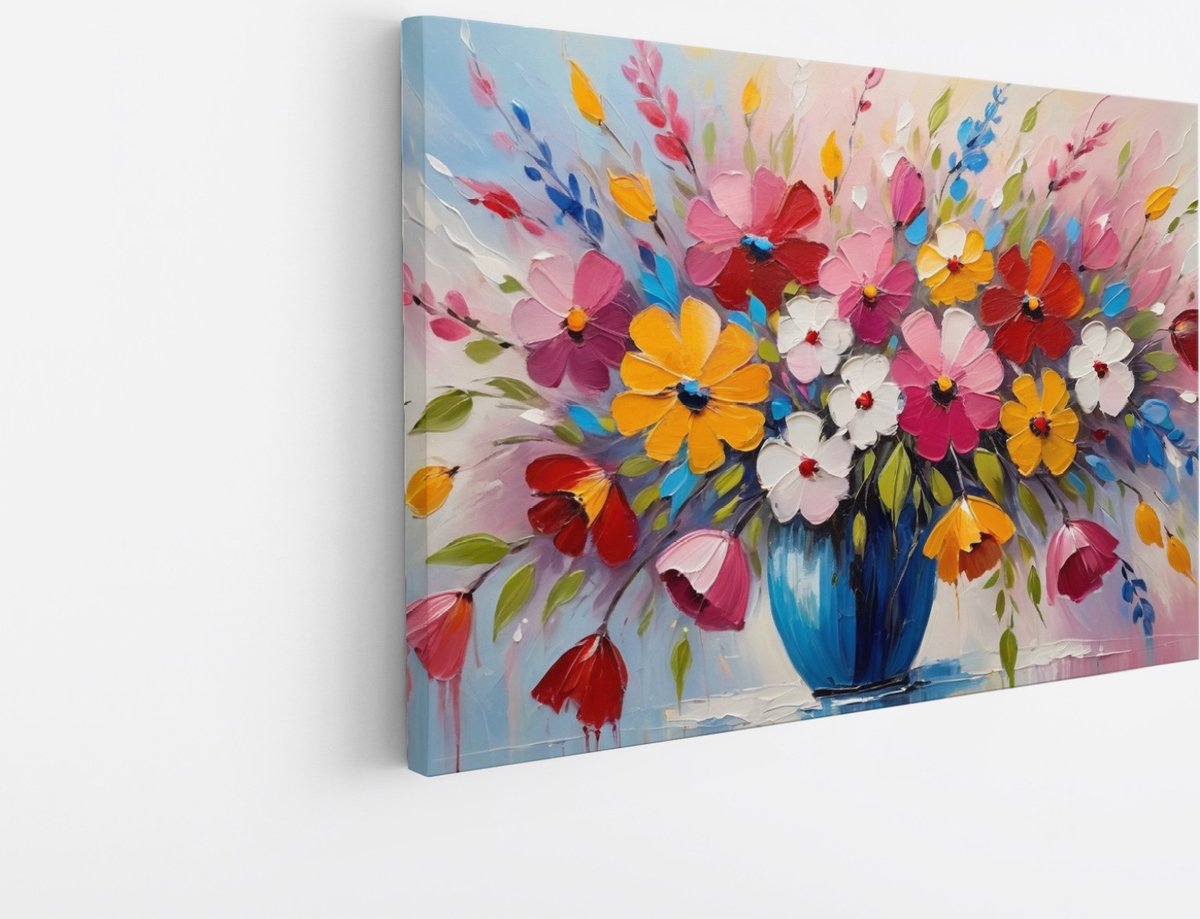 Saammp Canvas Schilderij - Gekleurde bloemen in vaas - Abstract - 120x80 - Foto op canvas - Wanddecoratie - Muurdecoratie Woonkamer - Kantoor Decoratie Multicolor