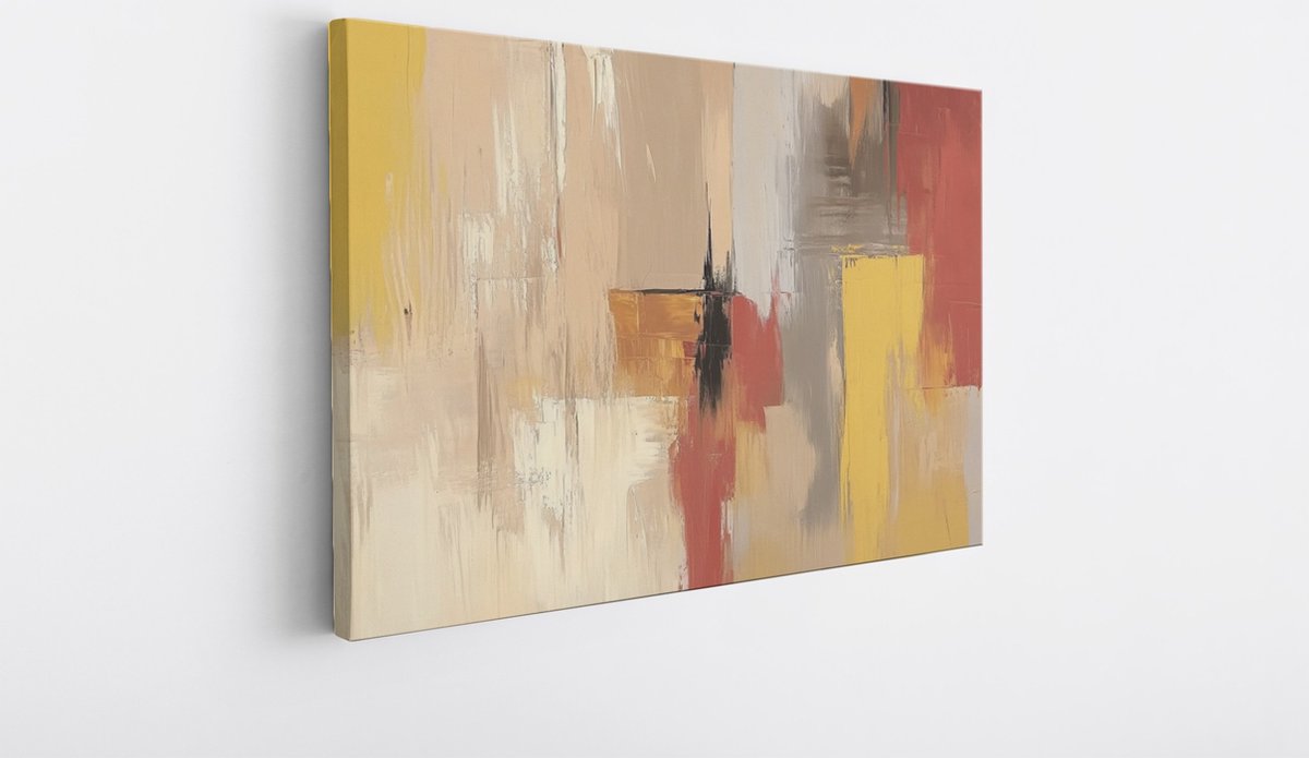 Saammp Canvas Schilderij - Geel - Rood - kwastvegen - Abstracte wanddecoratie- 40x30 - Foto op canvas - Wanddecoratie - Muurdecoratie Woonkamer - Kantoor Decoratie