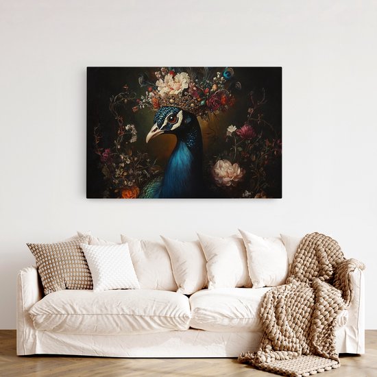 Saammp Canvas Schilderij - Pauw met kroon - Bloemen - Dieren - Natuur - 60x40 - Foto op canvas - Wanddecoratie - muurdecoratie Woonkamer - Slaapkamer decoratie - Canvas Print