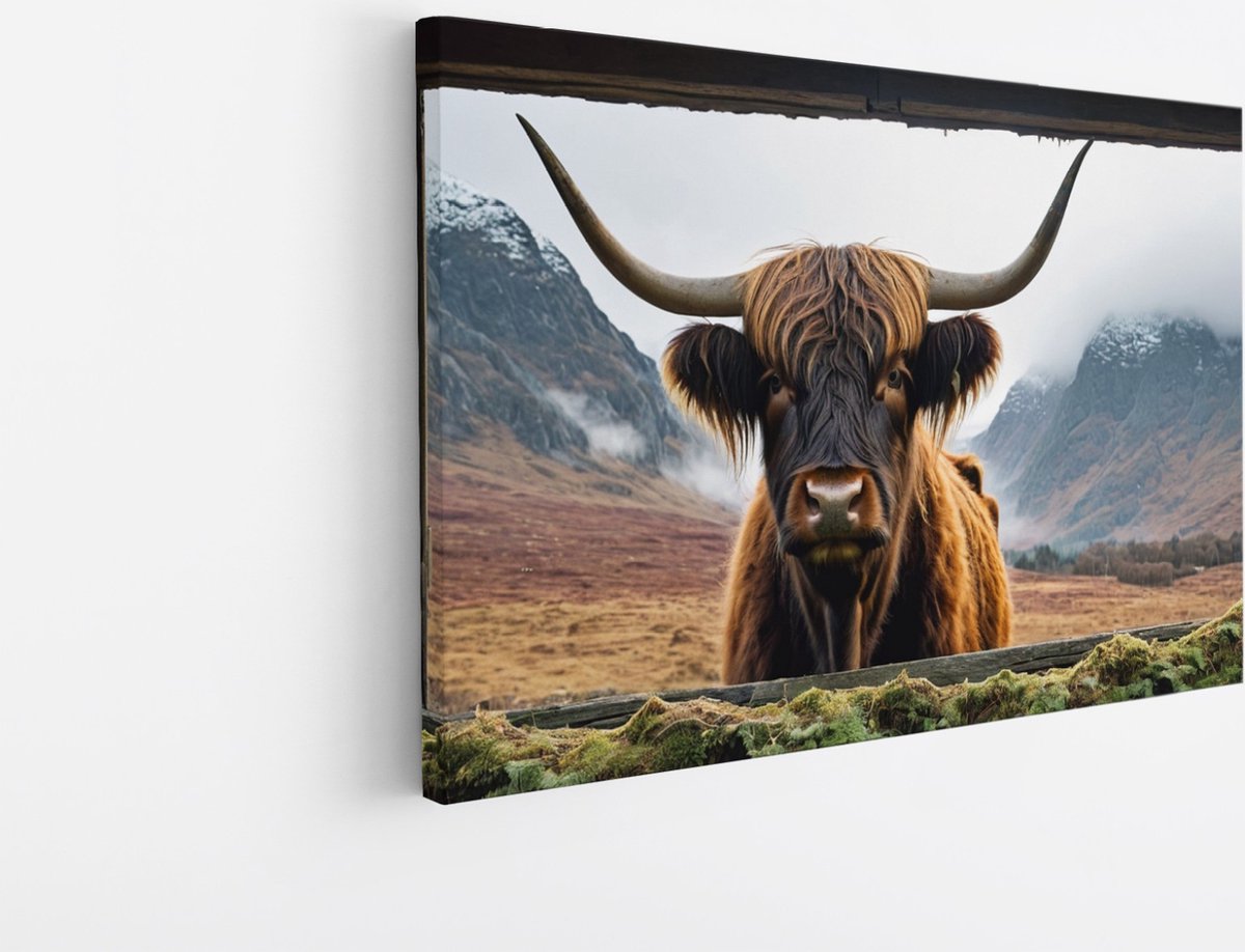 Saammp Canvas Schilderij - Glurende hooglander Koe - Doorkijk - Dieren - 100x75 - Foto op canvas - Wanddecoratie - Muurdecoratie Woonkamer - Slaapkamer decoratie - Canvas Print Multicolor