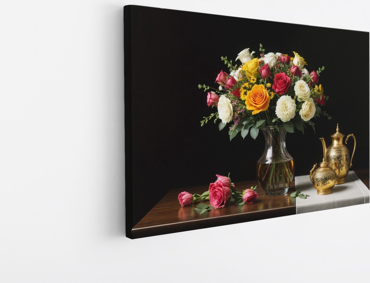 Saammp Canvas Schilderij - Klassiek Bloemen Boeket met Goud - Natuur - Abstract - 40x30 - Foto op canvas - Wanddecoratie - Muurdecoratie Woonkamer - Kantoor Decoratie Multicolor