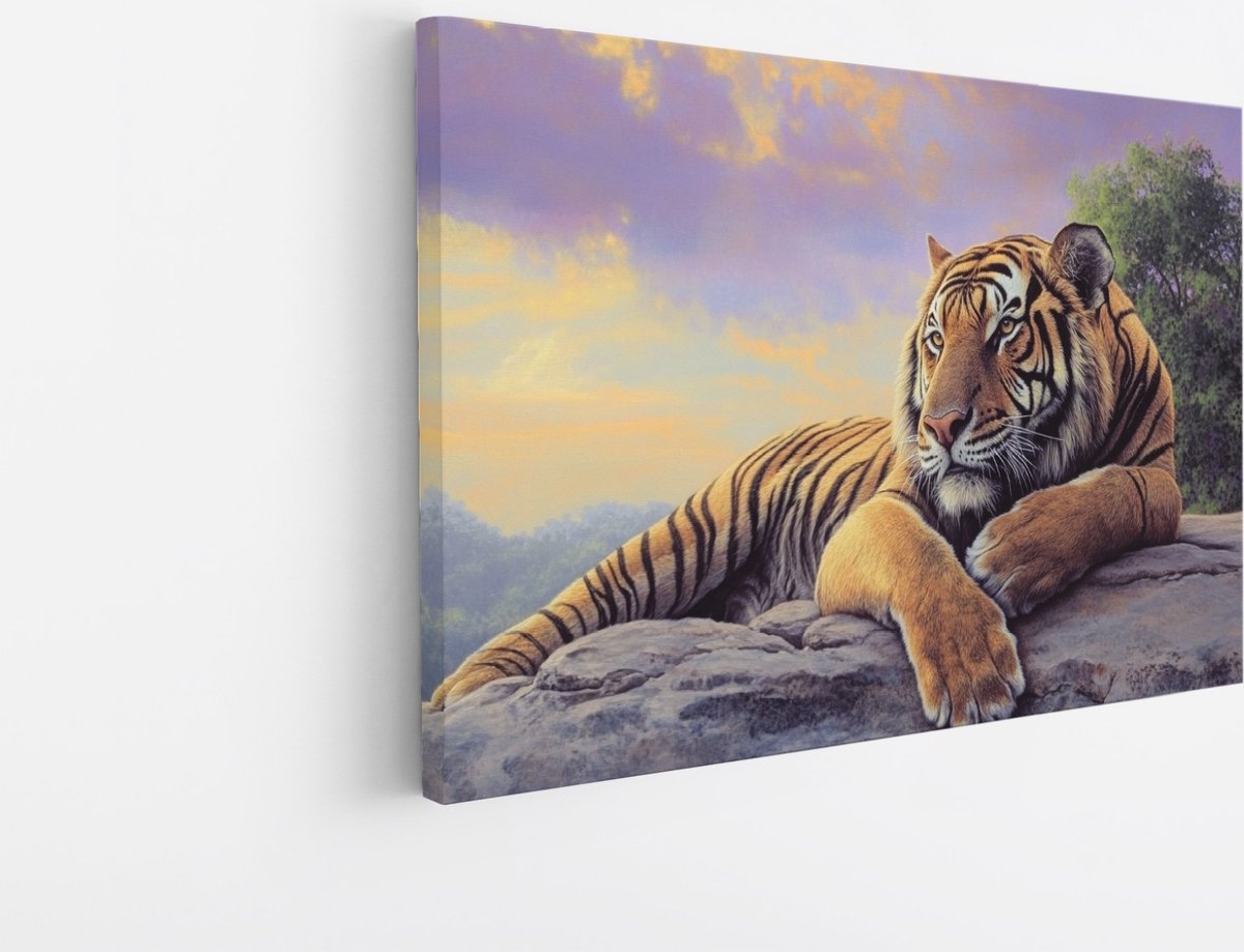 Saammp Canvas Schilderij - Jonge Tijger op rots - Natuur - Dieren - 100x75 - Foto op canvas - Wanddecoratie - muurdecoratie Woonkamer - Slaapkamer decoratie - Canvas Print Multicolor
