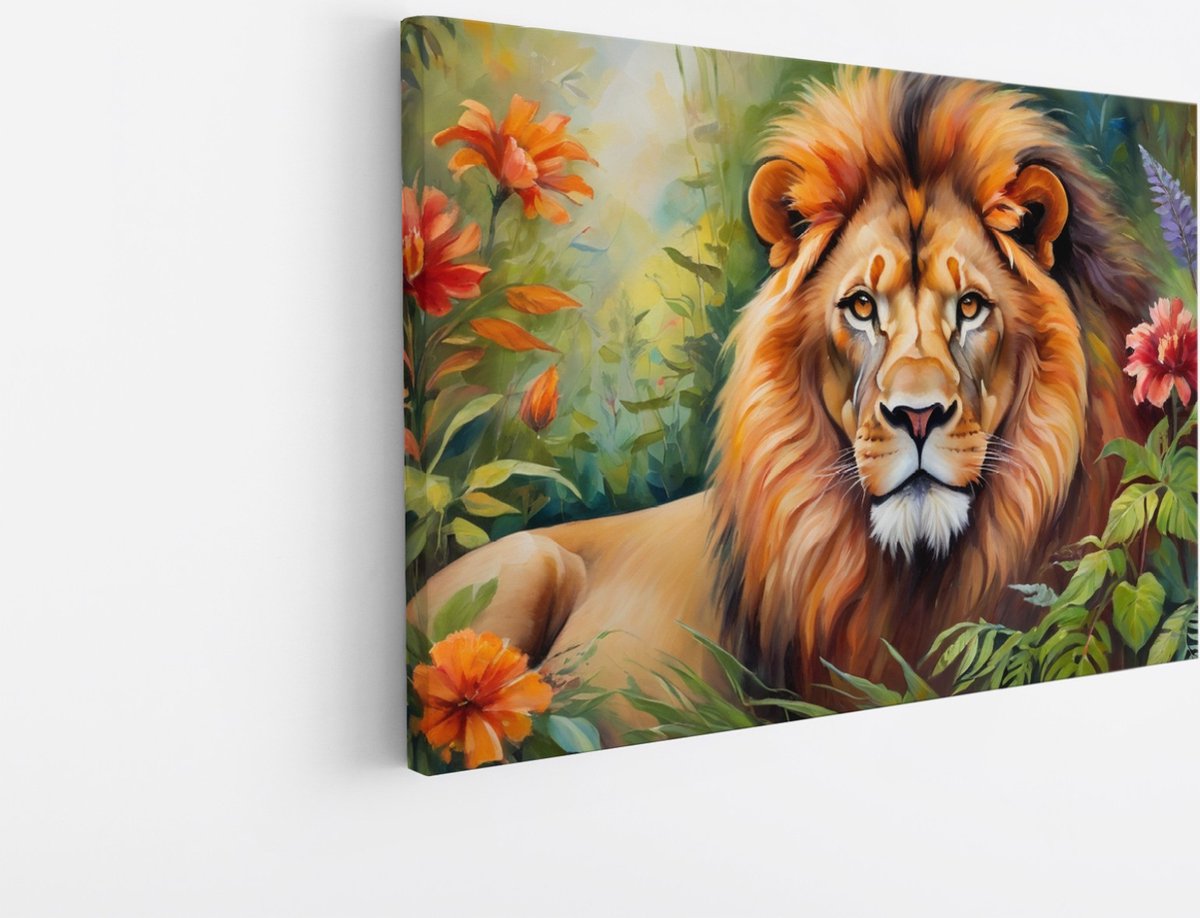 Saammp Canvas Schilderij - Abstracte Leeuw tussen de bloemen - Natuur - Dieren - 70x50 - Foto op canvas - Wanddecoratie - Muurdecoratie Woonkamer - Slaapkamer decoratie - Canvas Print Multicolor