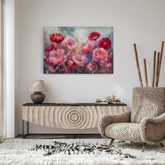 Saammp Canvas Schilderij - Roze met rode bloemen - Abstract - 30x20 - Foto op canvas - Wanddecoratie - Muurdecoratie Woonkamer - Kantoor Decoratie