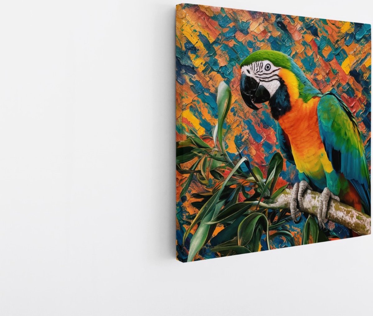 Saammp Canvas Schilderij - papegaai op tak - Dieren - Bloemen - 20x20 - Foto op canvas - Wanddecoratie - muurdecoratie Woonkamer - Slaapkamer decoratie - Canvas Print Multicolor