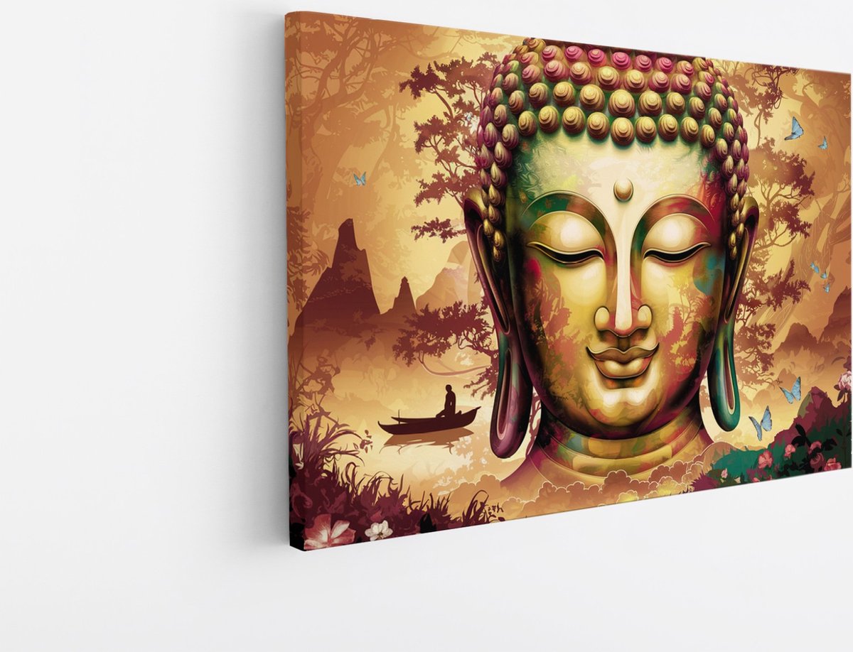 Saammp Canvas Schilderij - Boeddha met vlinders en bloemen - 70x50 - Foto op canvas - Wanddecoratie - Muurdecoratie Woonkamer - Canvas schilderijen Multicolor
