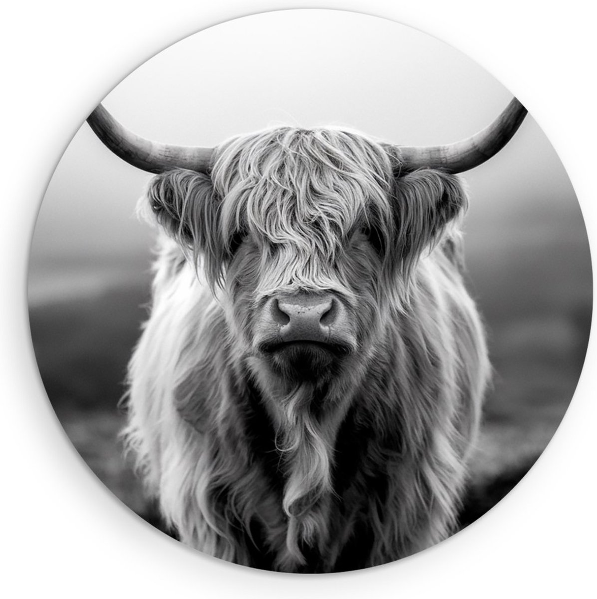 Saammp Forex Muurcirkel - Schotse Hooglander Koe op de hooglanden - Dieren - Natuur - Ø 90 - Wandcirkel - Wanddecoratie Cirkel - muurdecoratie Woonkamer - Slaapkamer decoratie - Rond Schilderij