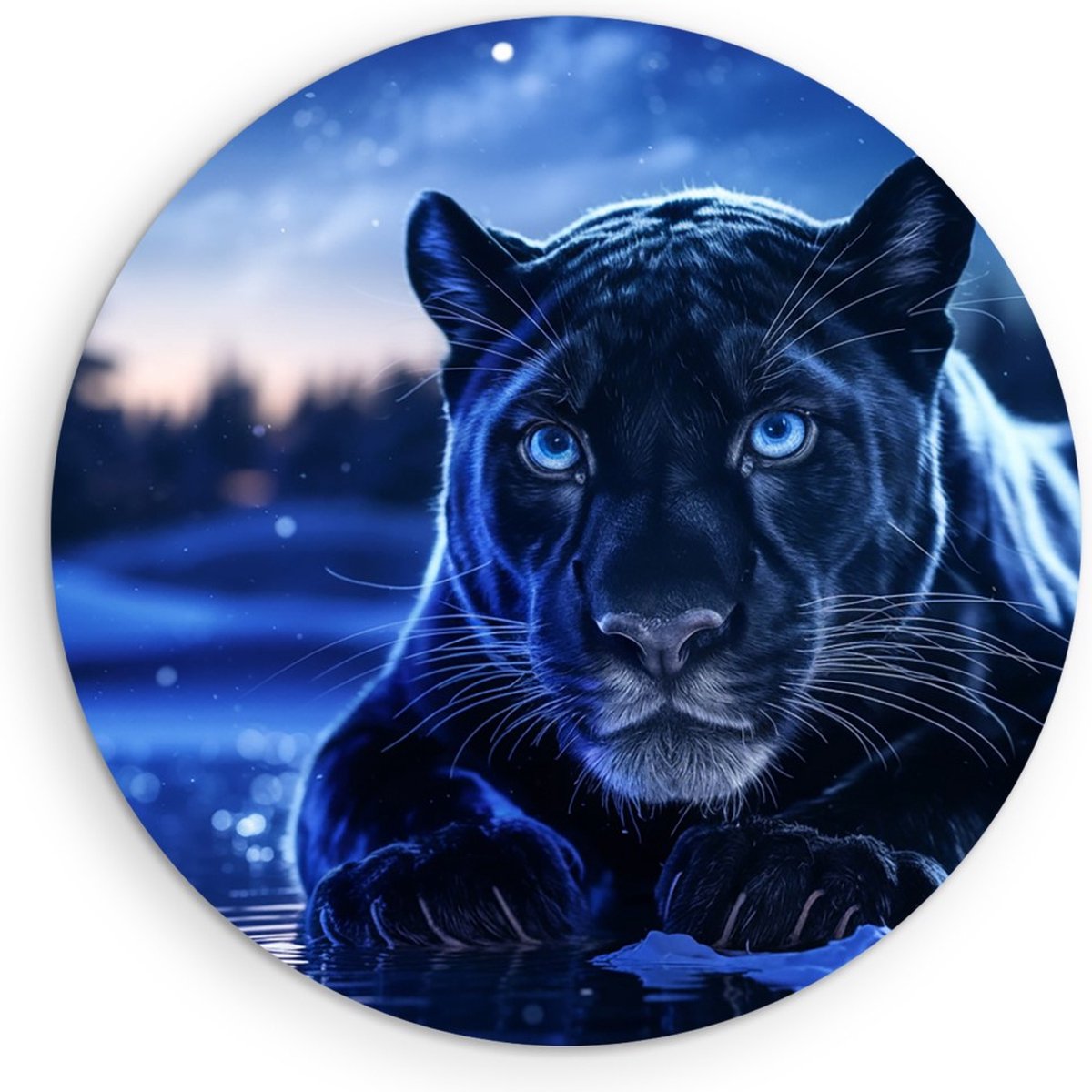 Saammp Forex Muurcirkel - Zwarte Panter in sterren hemel - Abstract - Natuur - Dieren - Ø 40 - Wandcirkel - Wanddecoratie Cirkel - Muurdecoratie Woonkamer - Slaapkamer decoratie - Rond Schilderij