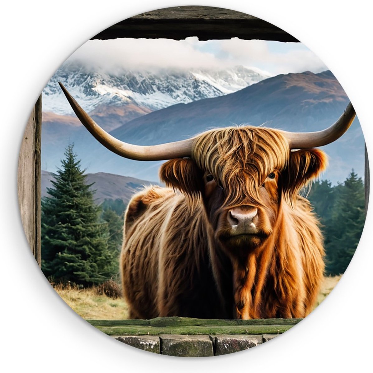 Saammp Forex Muurcirkel - Schotse hooglander Koe - Doorkijk - Dieren - Ø 90 - Wandcirkel - Wanddecoratie Cirkel - Muurdecoratie Woonkamer - Slaapkamer decoratie - Rond Schilderij