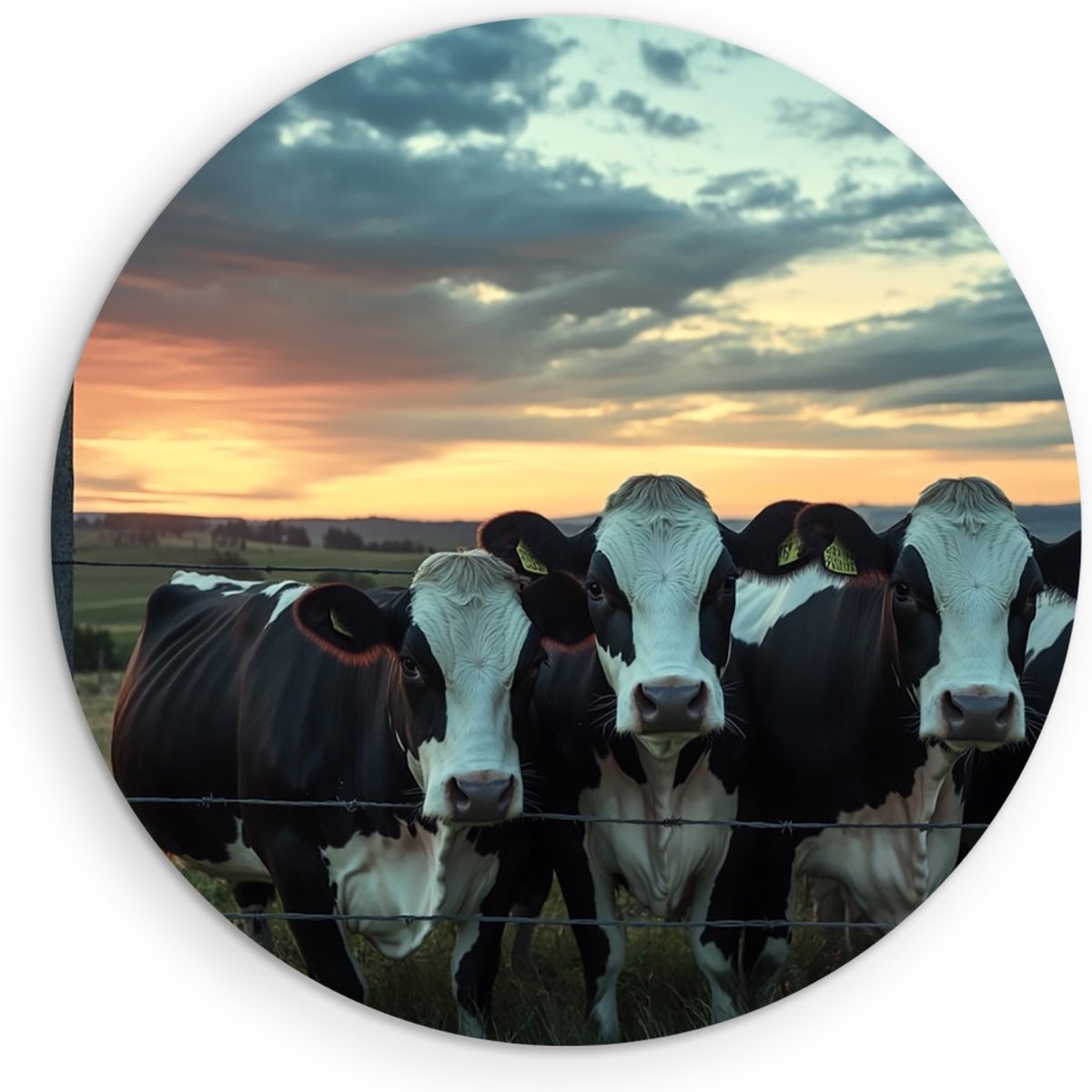 Saammp Forex Muurcirkel - Koeien bij een hek - Landschap - Dieren - Natuur - Ø 80 - Wandcirkel - Wanddecoratie Cirkel - Muurdecoratie Woonkamer - Slaapkamer decoratie - Rond Schilderij