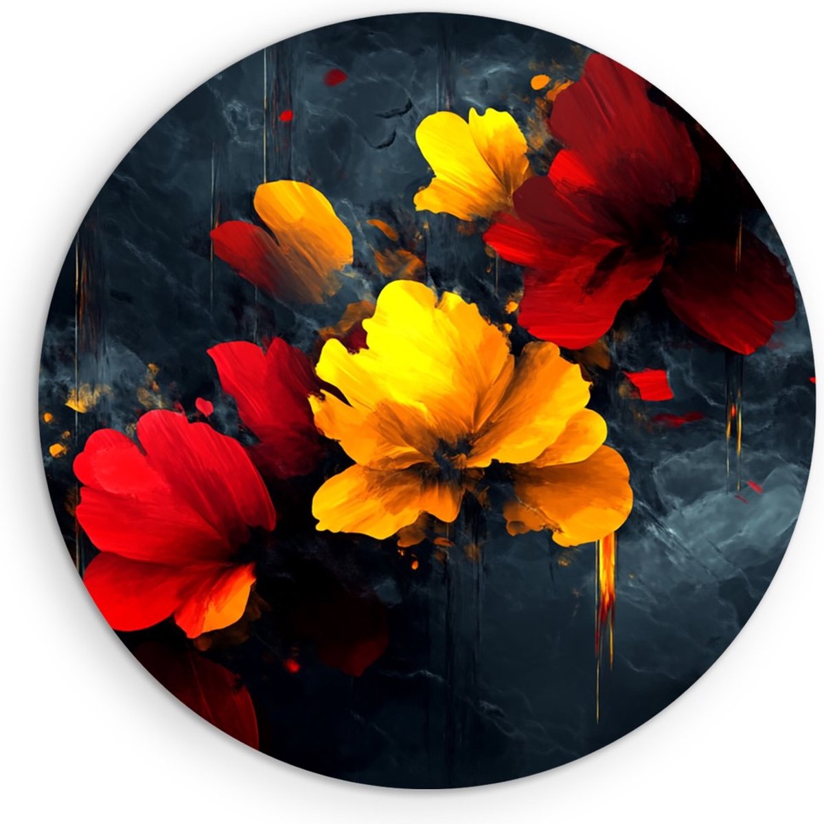 Saammp Forex Muurcirkel - Vuurrode en Gele Bloemen - Abstract - Natuur - Ø 80 - Wandcirkel - Wanddecoratie Cirkel - Modern Interieur - Energiek Ontwerp
