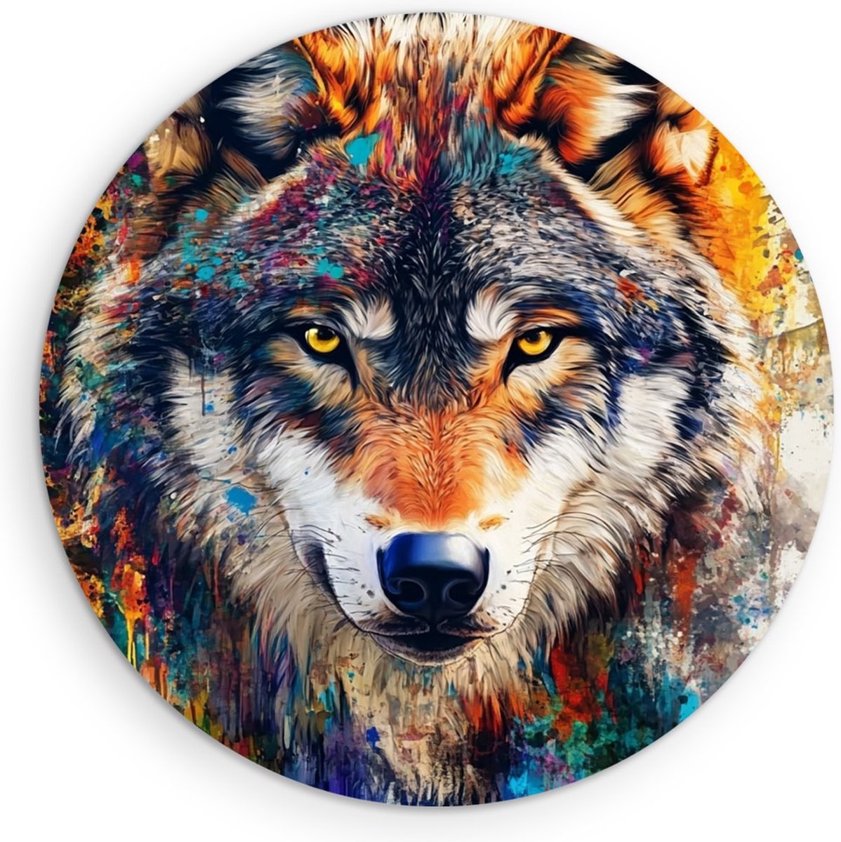 Saammp Forex Muurcirkel - Kleurrijke Wolf - Abstract - Dieren - Natuur - Ø 30 - Wandcirkel - Wanddecoratie Cirkel - muurdecoratie Woonkamer - Slaapkamer decoratie - Rond Schilderij