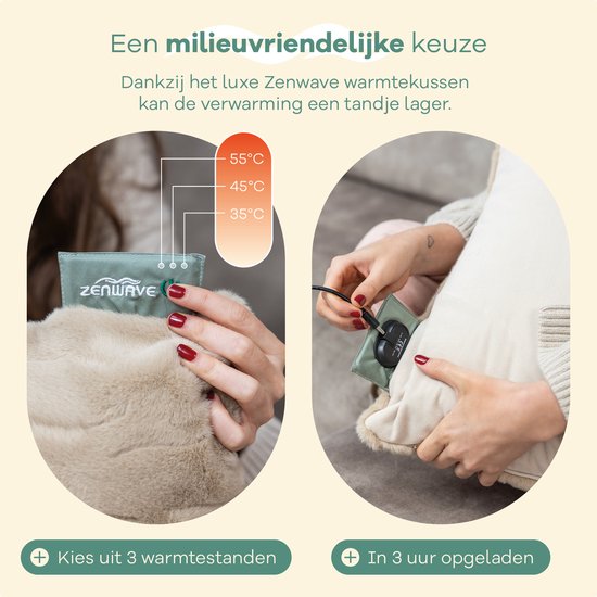 Zenwave warmtekussen: kies uit 3 warmtestanden (55°C, 45°C, 35°C). Opgeladen in 3 uur. Milieuvriendelijke keuze.