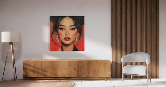 Peinture abstraite d'une femme asiatique aux cheveux relevés, lèvres rouges et boucles d'oreilles dorées, sur fond rouge.