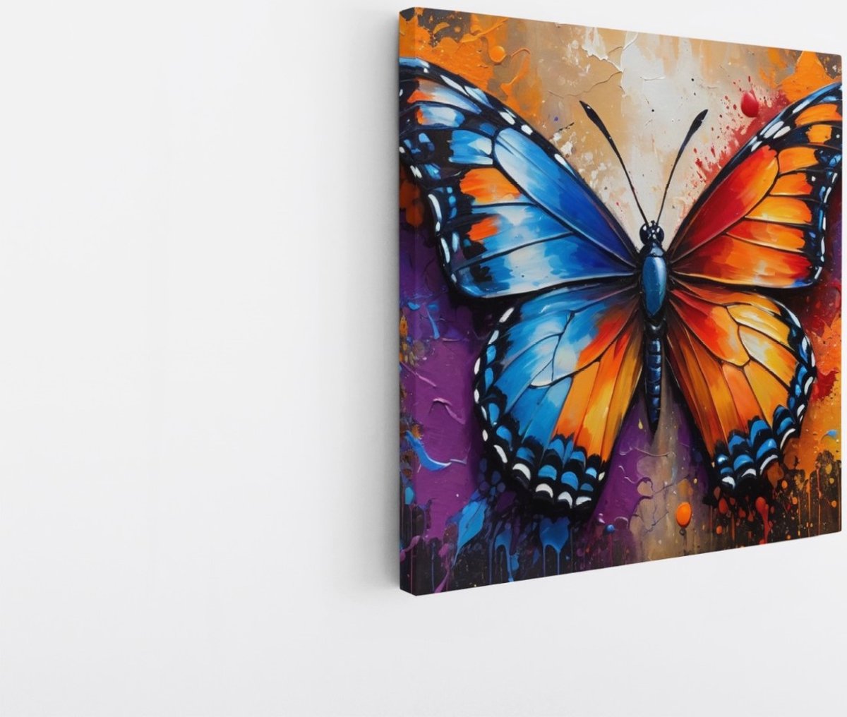 Saammp Canvas Schilderij - Kleurrijke vlinder op muur - Natuur - Dieren - 40x40 - Foto op canvas - Wanddecoratie - Muurdecoratie Woonkamer - Slaapkamer decoratie - Canvas Print Multicolor
