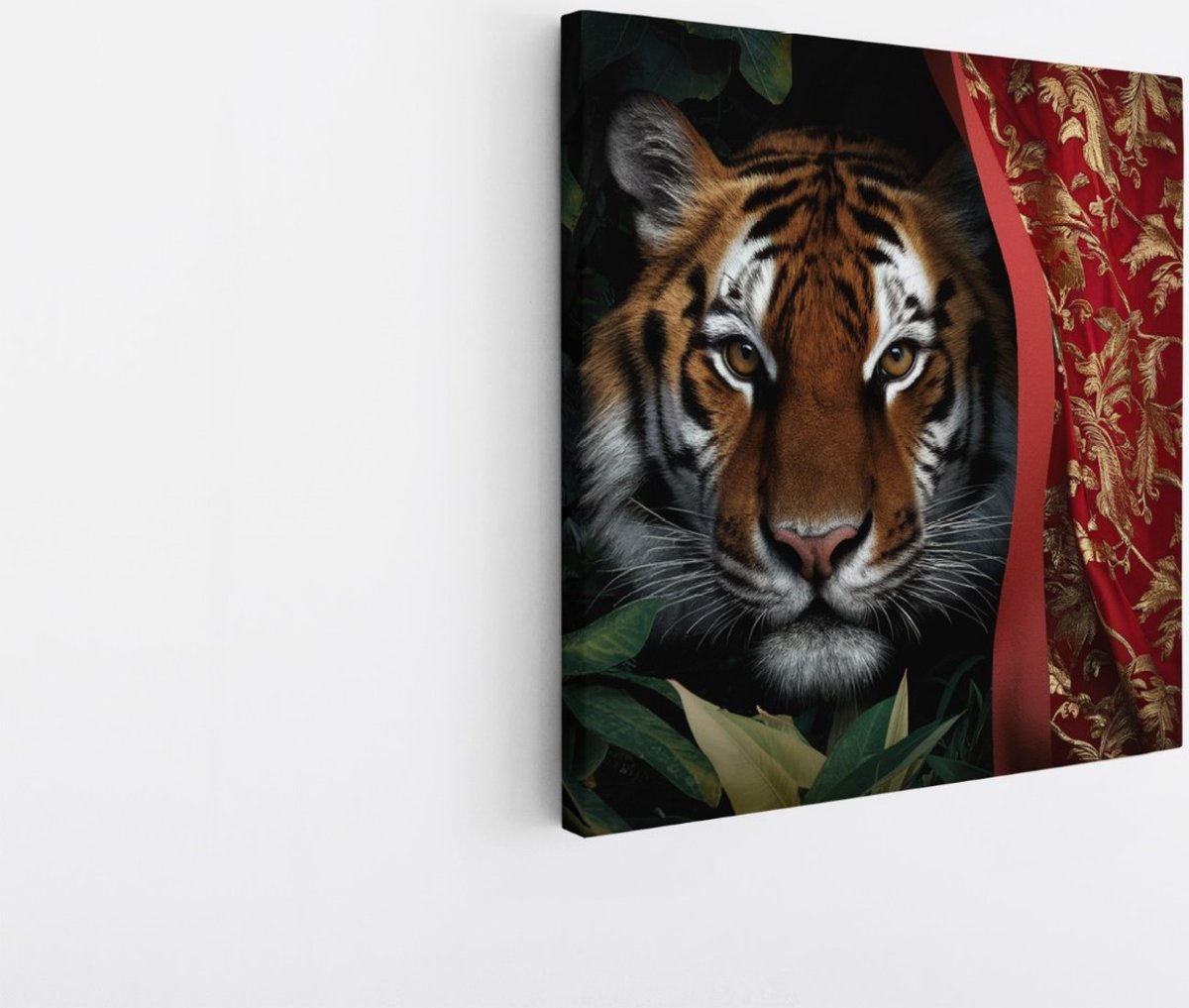 Saammp Canvas Schilderij - Tijger met rood doek - Natuur - Dieren - 100x100 - Foto op canvas - Wanddecoratie - muurdecoratie Woonkamer - Slaapkamer decoratie - Canvas Print Multicolor