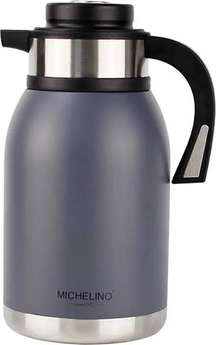 Michelino Thermoskan 2 Liter – Isoleerkan – RVS Thermoskan – Dubbelwandige Vacuumkan – Koffiekan – Theekan – Mat Zwart