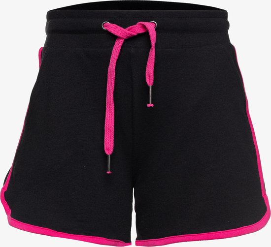 Zwarte sport short met roze bies en roze trekkoord.