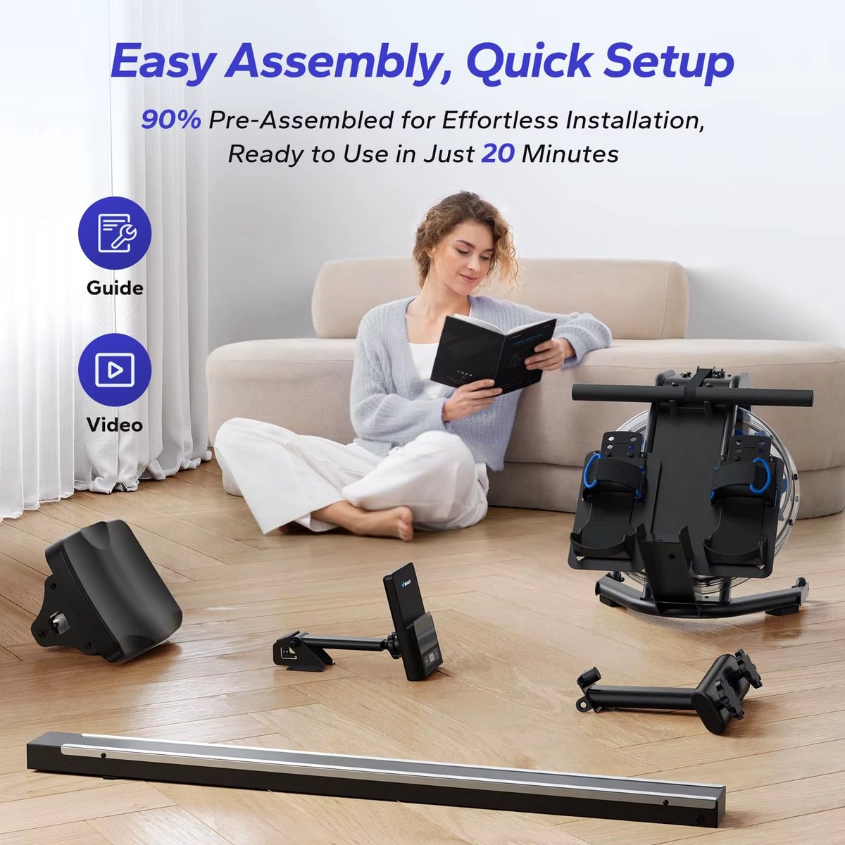 Afbeelding 3 van MERACH Water Resistance Roeitrainer - Water roeitrainer - Roeimachine - Roeitrainers voor Thuis - 90% Voorgemonteerd - Met App en Bluetooth