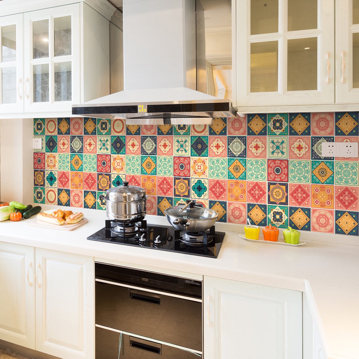 Ambiance Sticker Tegelstickers voor de muur in keuken en badkamer - 24 cementtegelstickers, Azulejos Rominario - 24 stickers, 10x10cm Multi color