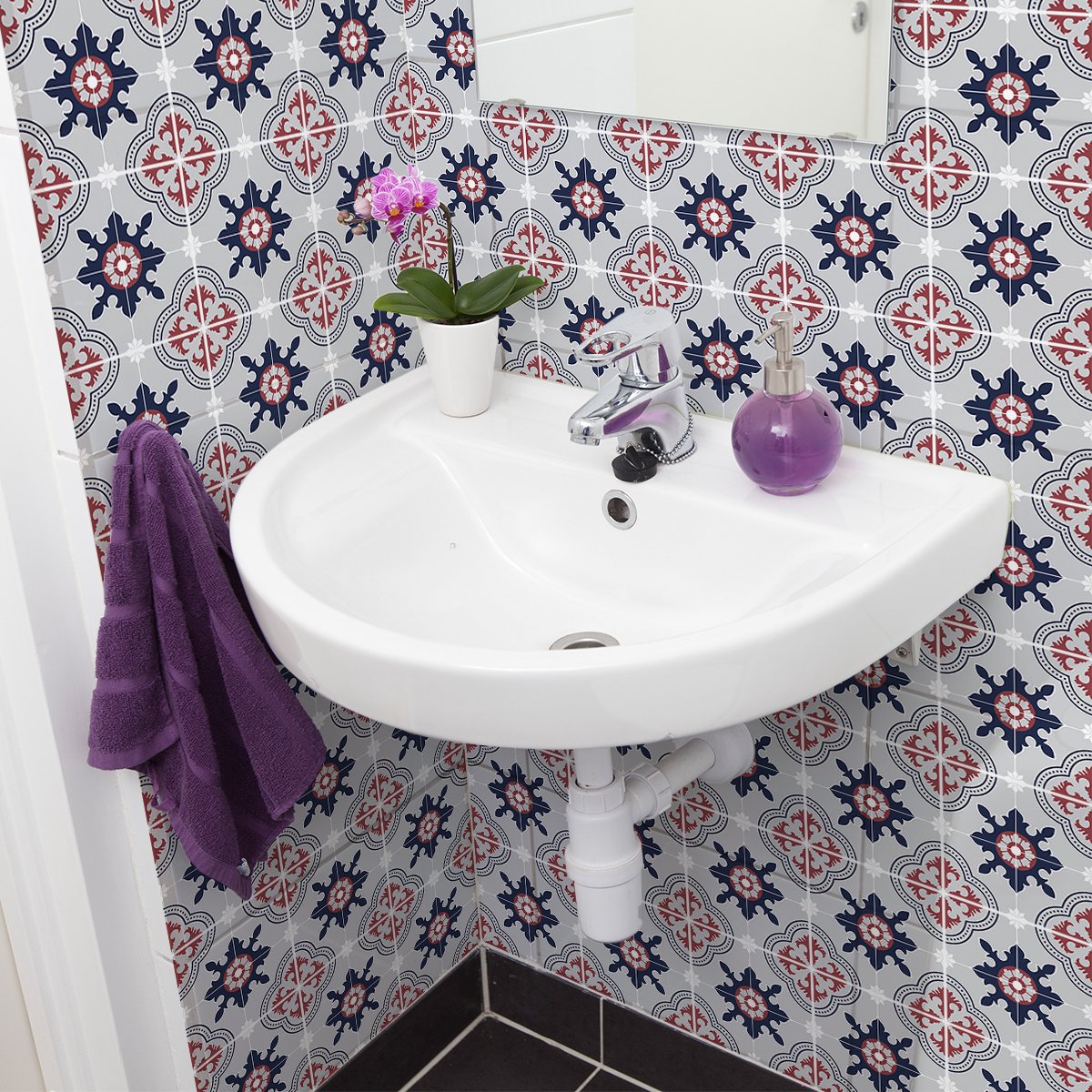 Ambiance Sticker Zelfklevende tegelmuurstickers voor keuken en badkamer - 24 cementtegelstickers, Azulejos Helena Design - 24 stickers, 20x20cm Multi color